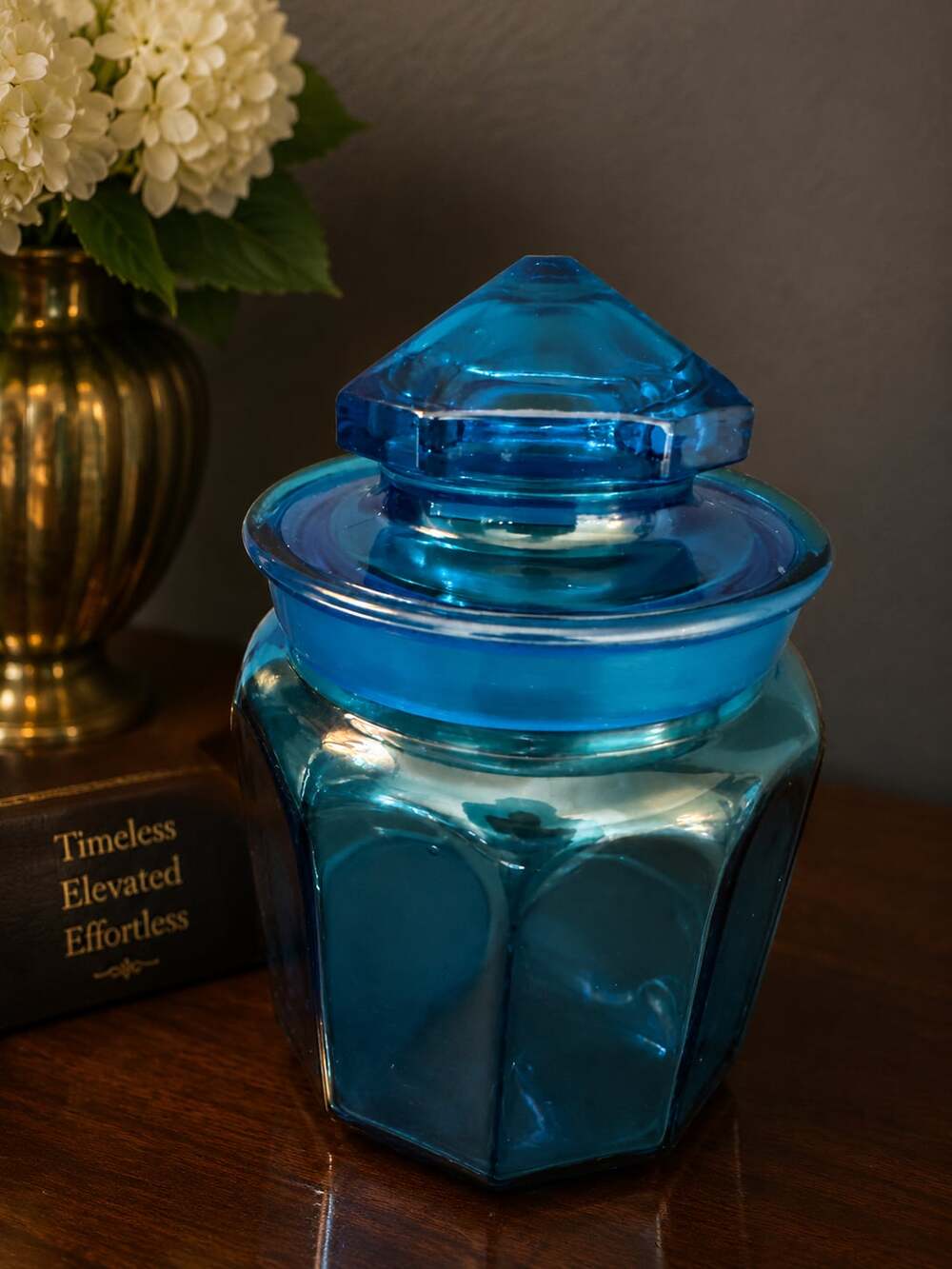 Vintage L.E. Smith Turquoise Blue Glass Paneled Canister with Lidded Apothecary